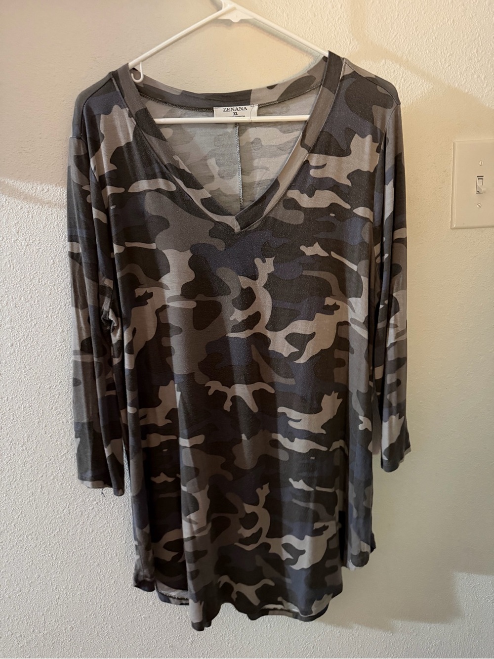 Zenana Outfitters Gray Camo V-Neck Tunic Top
